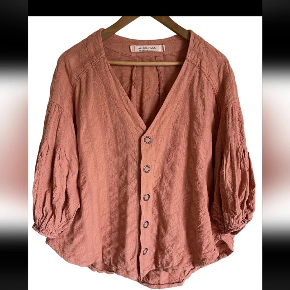 Free People Brown Buttoned Ruched Blouse